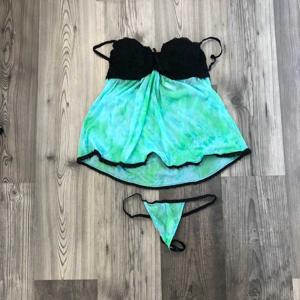 Victoria’s Secret Black and Green Tie-Dye Lingerie Babydoll & Thong Set 36B/Med